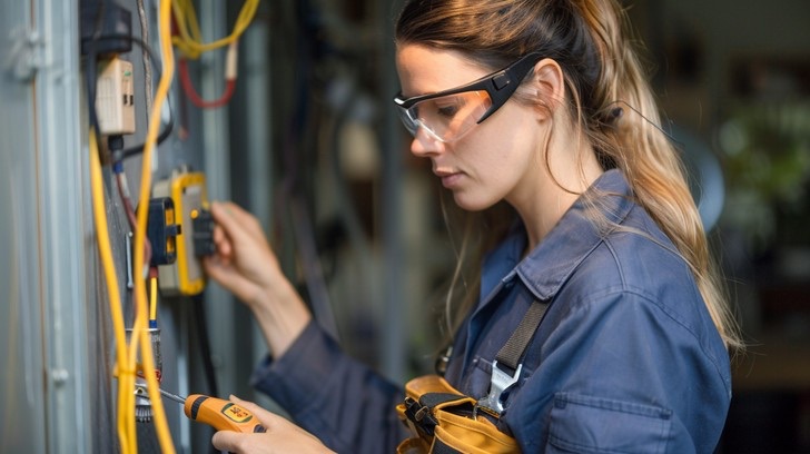An electrician working at a panel while her phone is answered for her